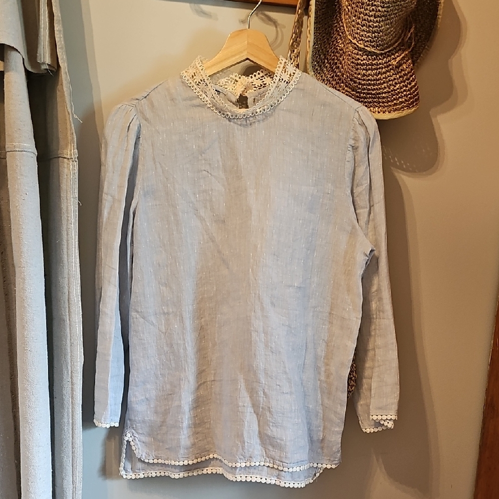 Zara Light Blue Blouse with White Lace Trim